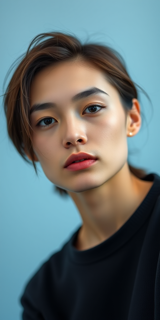 Create a minimalist portrait of a person with a light blue background, soft lighting with a Canon EOS R5, 50mm lens at f/2.8, ISO 100, 1/200s, using a shallow depth of field to enhance the subject's features.