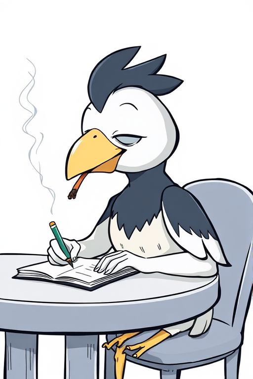 A cartoon bird character sitting at a table, writing on a notepad with a cigarette in its mouth, a relaxed expression, smoke rising, detailed line art with a light blue and black color scheme, soft focus, 50mm lens, f/2.8 aperture, natural lighting.