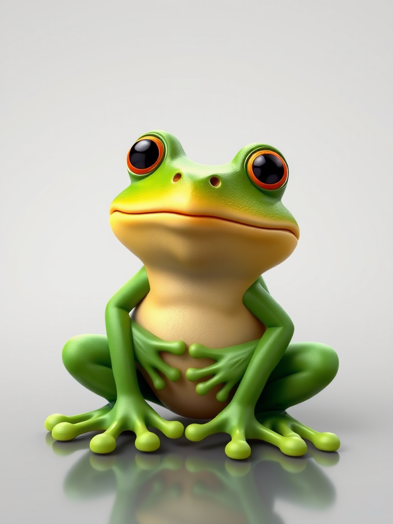 Create a high-resolution 3D rendering of a cartoon-style green frog sitting on its haunches with exaggerated features, captured at an aperture of f/8, ISO 100, and a focal length of 50mm, using a DSLR camera with a vibrant color palette and soft lighting against a transparent background.