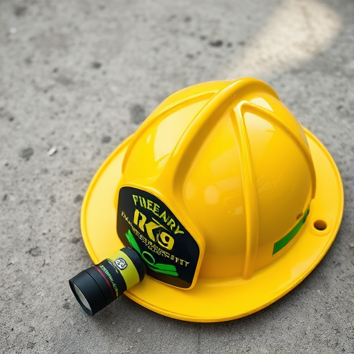 Capture a high-resolution image of a yellow firefighter helmet and a green flashlight resting on a concrete surface, using a Canon EOS 5D Mark IV camera, 50mm lens, aperture f/2.8, ISO 100, with natural lighting for clarity and sharp focus.