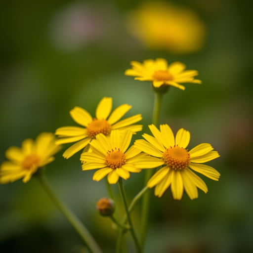 macro shot of yellow flowers with a soft focus background, aperture f/2.8, shutter speed 1/250s, ISO 100, taken with a DSLR camera, using a 100mm lens for sharp detail and vibrant color.