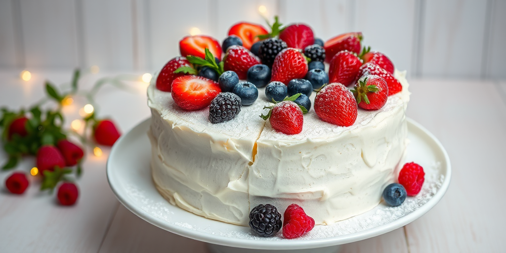 A beautifully decorated white cake with a fluffy texture topped with fresh strawberries, blueberries, and raspberries dusted with powdered sugar and garnished with green sprigs on a white plate, partially sliced, set against a light wooden background with soft glowing fairy lights.