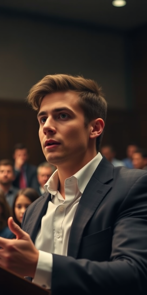 A confident young lawyer delivering a passionate speech in a courtroom filled with attentive witnesses, intense focus on his expression, dramatic lighting highlighting the scene, shot with a Canon EOS R5, 50mm lens, f/1.8 aperture, ISO 200, shallow depth of field, cinematic style.