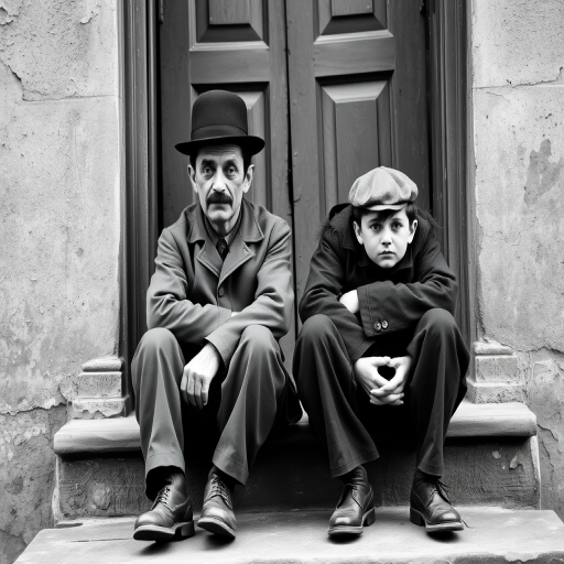 A black-and-white photograph of a man and a child sitting on steps in front of a doorway. The man is dressed as a tramp with a bowler hat, mustache, and ragged clothes, reminiscent of Charlie Chaplin's iconic look. He is sitting with his arms crossed and an expression of slight sadness or frustration. Next to him is a young boy, also in worn clothes and a cap, sitting with his hands clasped, looking thoughtful. The background is an old, textured wall and a partially open door, creating a vintage, early 20th-century atmosphere.