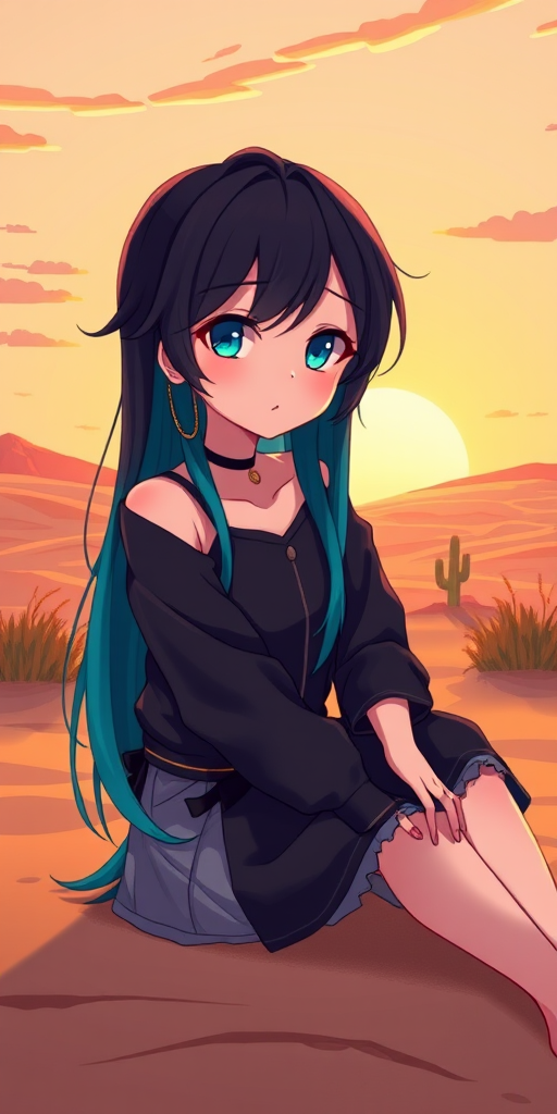 Create a high-resolution anime-style illustration of a girl with black and teal hair sitting in a desert landscape with a soft sunset in the background, captured with a Canon EOS R5, 50mm lens, f/1.8, ISO 100, aperture priority mode, natural light, vibrant colors, and sharp focus on the character.