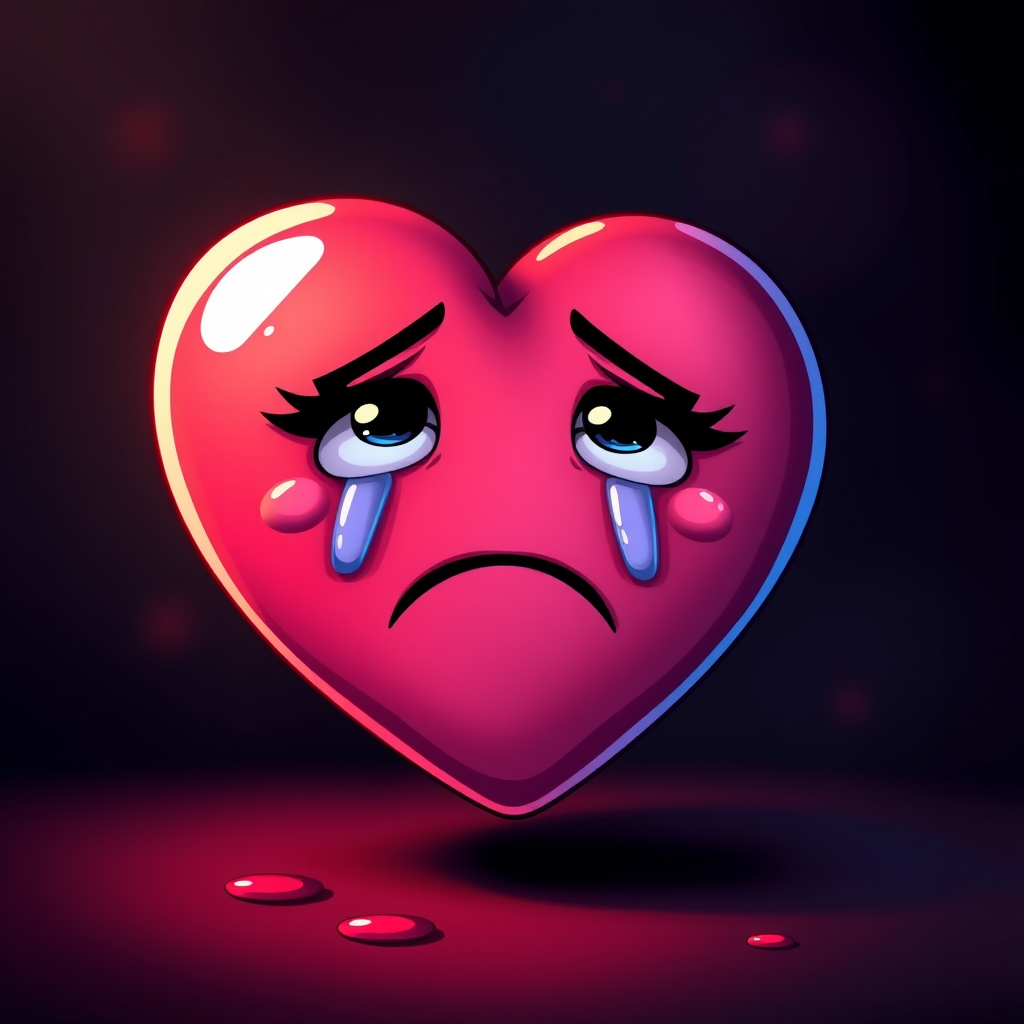 create a vibrant digital illustration of a sad cartoon heart with tears, set against a dark background, using a high-resolution camera, aperture f/2.8, 50mm lens, with a soft focus effect and vivid colors to enhance contrast and depth