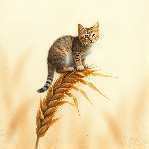 Soft, muted Alcohol Ink with ebru effect background image of tiny whimsical cat, who climbed high on the top of a golden rye ear.