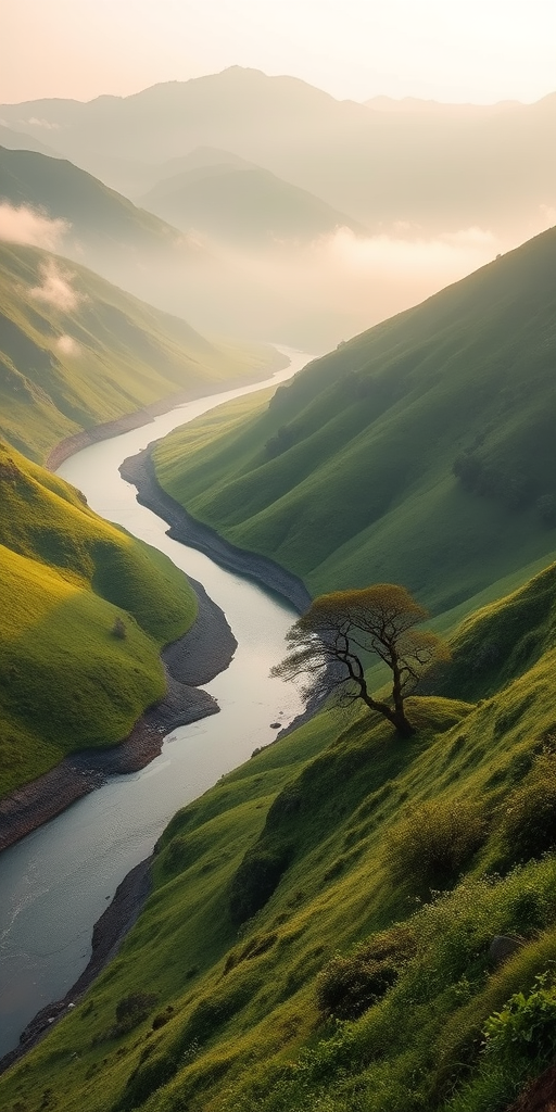 regenerate a serene landscape of lush green hills with a winding river and misty atmosphere, include a single tree on the bank, captured at sunrise with soft lighting, settings: ISO 100, aperture f/11, shutter speed 1/60s, view from a low angle to emphasize depth, use a DSLR camera, style: landscape photography, enhance colors and details for richness and clarity