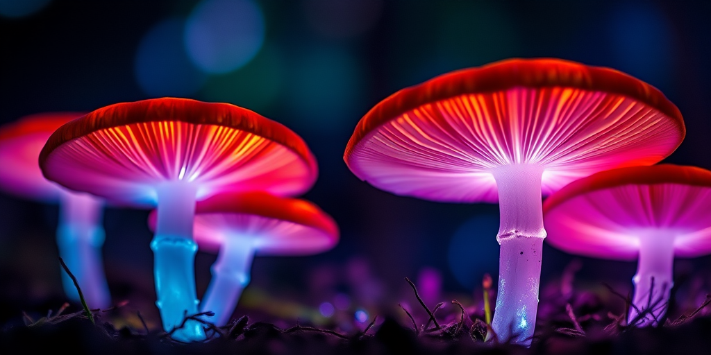 Regenerate a vibrant, illuminated close-up of bioluminescent mushrooms in a mystical forest setting with a shallow depth of field, using a DSLR camera at f/2.8, ISO 200, shutter speed 1/60s, macro lens, focusing on the intricate gills and glowing details against a blurred, ethereal bokeh background.