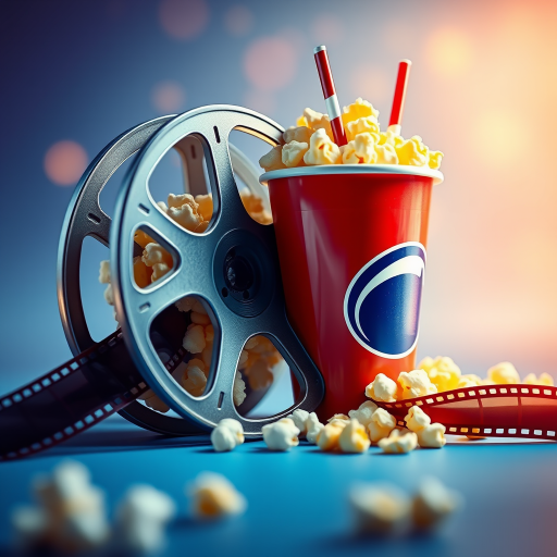 Create a vibrant digital illustration of a film reel with popcorn and a soda cup, using a DSLR camera with a 50mm lens, f/1.8 aperture, ISO 100, in macro view, emphasizing color saturation and sharp details.