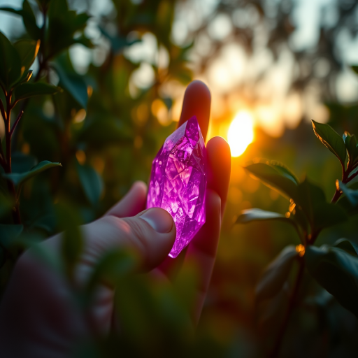 regenerate an image of a hand gently picking up a glowing purple crystal among lush green leaves at sunset, using a Canon EOS R5, 50mm f/1.2 lens, aperture set to f/2.8, ISO 100, shutter speed 1/200s, in a macro view with soft bokeh effect to enhance image quality
