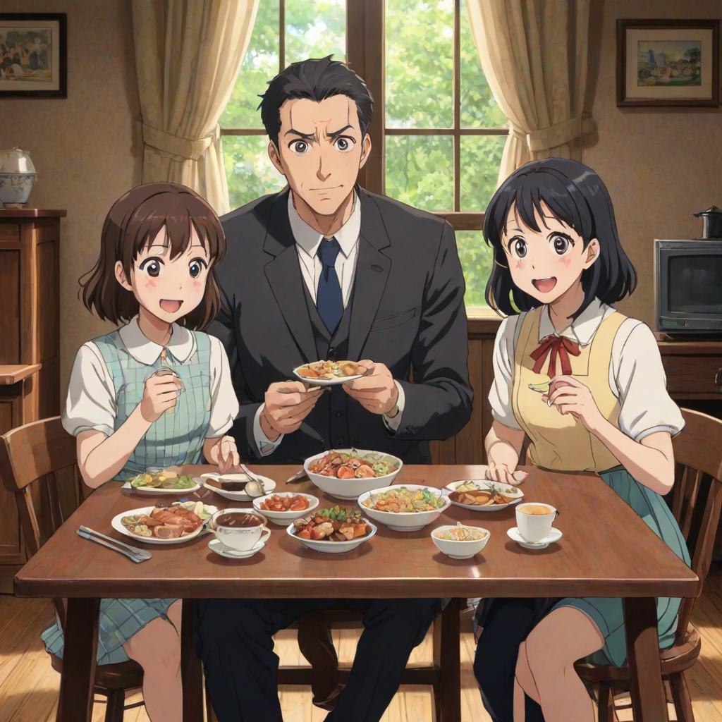 isekai anime style poster depicting a happy Family of four, a surprised dad sitting at a table with his wife and two kids eating something; the movie title clearly reads "OH NO! I HAVE BECOME A FAMILY MAN WITH A DOTING WIFE AND LOVABLE KIDS!", written in clear and exact letters