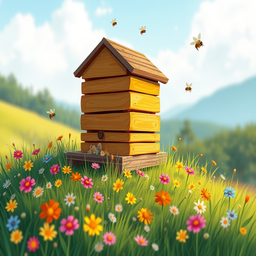 A vibrant illustration of a beehive on a grassy hill with colorful flowers and buzzing bees, captured with a DSLR camera, 50mm lens, f/2.8 aperture, ISO 200, natural lighting, and a shallow depth of field to enhance focus on the beehive and flowers while softly blurring the background.