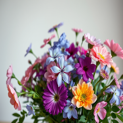 A vibrant floral arrangement with a variety of blossoms in shades of pink, blue, and purple against a soft background, captured with a Canon EOS R5, ISO 100, f/2.8, 50mm lens, using a shallow depth of field for a soft bokeh effect.