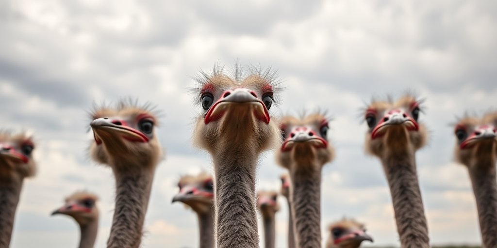 Capture a close-up shot of a group of ostriches with sharp focus on their faces against a cloudy sky, using a DSLR camera, 85mm lens, aperture f/2.8, ISO 100, and shutter speed 1/500s for enhanced image quality.