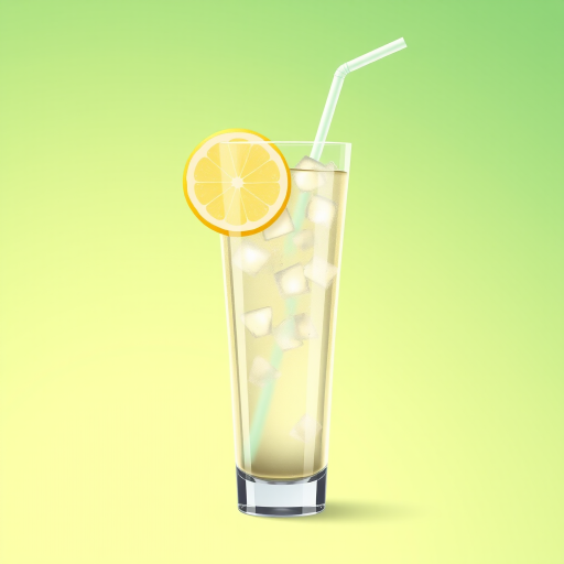 Create a high-resolution digital illustration of a tall glass filled with refreshing clear beverage, featuring a lemon slice on the rim and a straw, using a soft focus camera style with an aperture of f/2.8, ISO 100, and a 50mm lens, set against a smooth gradient background transitioning from light to dark green.