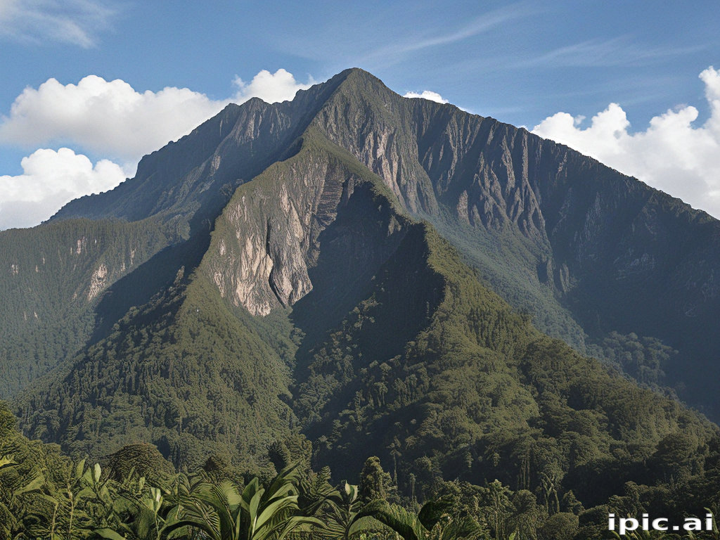 Majestic Mountain Peak Surrounded by Lush Greenery and Clear Blue Skies.