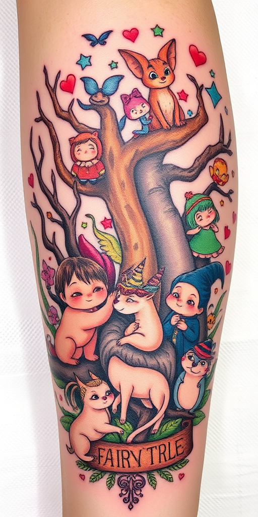 Illustrative tattoo titled "Fairytale Menagerie" portraying a whimsical collection of storybook characters and mythical creatures intertwined in a enchanted forest scene with soft color gradients