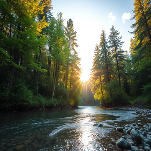 Create an image of a serene, sunlit forest scene with a clear, gently flowing river. Tall trees with lush green foliage line both sides of the river, their leaves bathed in the warm golden light of the setting or rising sun. The sunlight filters through the trees, casting soft, dappled light on the river, which flows over smooth rocks and pebbles, creating a peaceful, natural atmosphere. The sky is bright with a few scattered clouds, and the overall mood is tranquil, evoking a deep sense of connection with nature. The image captures the beauty of a calm, pristine forest landscape at either dawn or dusk.