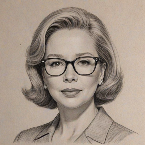 Beauteous Debra Jo Rupp, pencil sketch, portrait of Magnificent woman 1956s in glasses, hair style beatnik, outline, clear lines, fine lines, 8k
