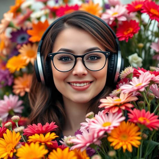 Create a vibrant portrait of a woman with glasses and headphones surrounded by a lush arrangement of colorful flowers, using a high-resolution DSLR camera with a 50mm lens, aperture f/1.8, ISO 100, natural lighting, and a shallow depth of field for a blurred background effect.