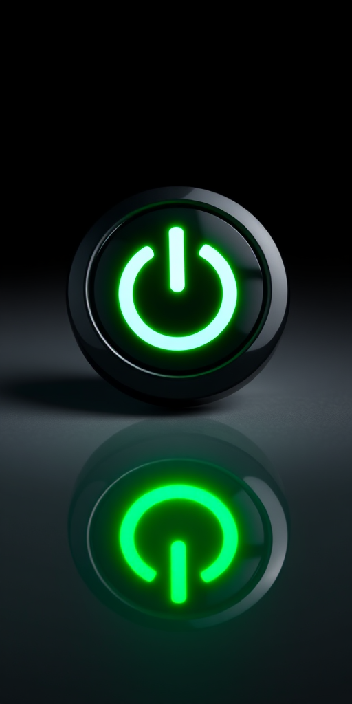 Create a glossy black power button with a glowing green symbol on a reflective surface, using a DSLR camera with a 50mm lens, f/2.8 aperture, ISO 100, and a studio lighting setup for enhanced clarity and vibrant colors, captured from a straight-on angle.