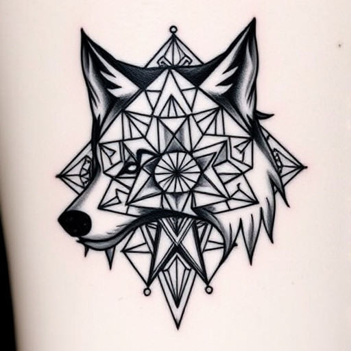 Geometric blackwork tattoo showcasing interconnected shapes and patterns forming a wolf's head, with precise linework and symmetry, called "Sacred Geometry Wolf"