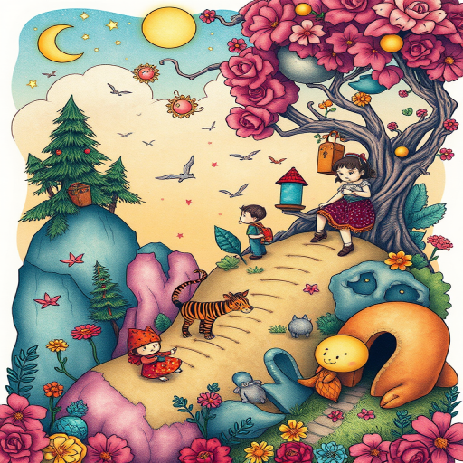 Illustrative tattoo style piece titled "Storybook Dreams" featuring whimsical characters and fantastical landscapes in a colorful children's book illustration style with soft shading and playful linework