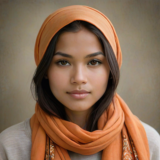 Create a portrait of a young Pacific Islander female with long, dark hair and captivating hazel eyes. She is wearing a orange headscarf and a matching scarf draped gracefully around her neck. The background is softly blurred, focusing attention on her serene and natural expression. The overall color palette is muted and warm, enhancing the intimate and authentic feel of the portrait.