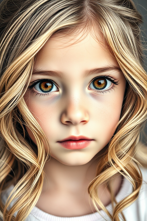 portrait of a young girl with wavy hair and captivating eyes, intricate line art style, high detail, natural light, f/2.8 aperture, 50mm lens, ISO 100, soft focus background, shot with a DSLR camera