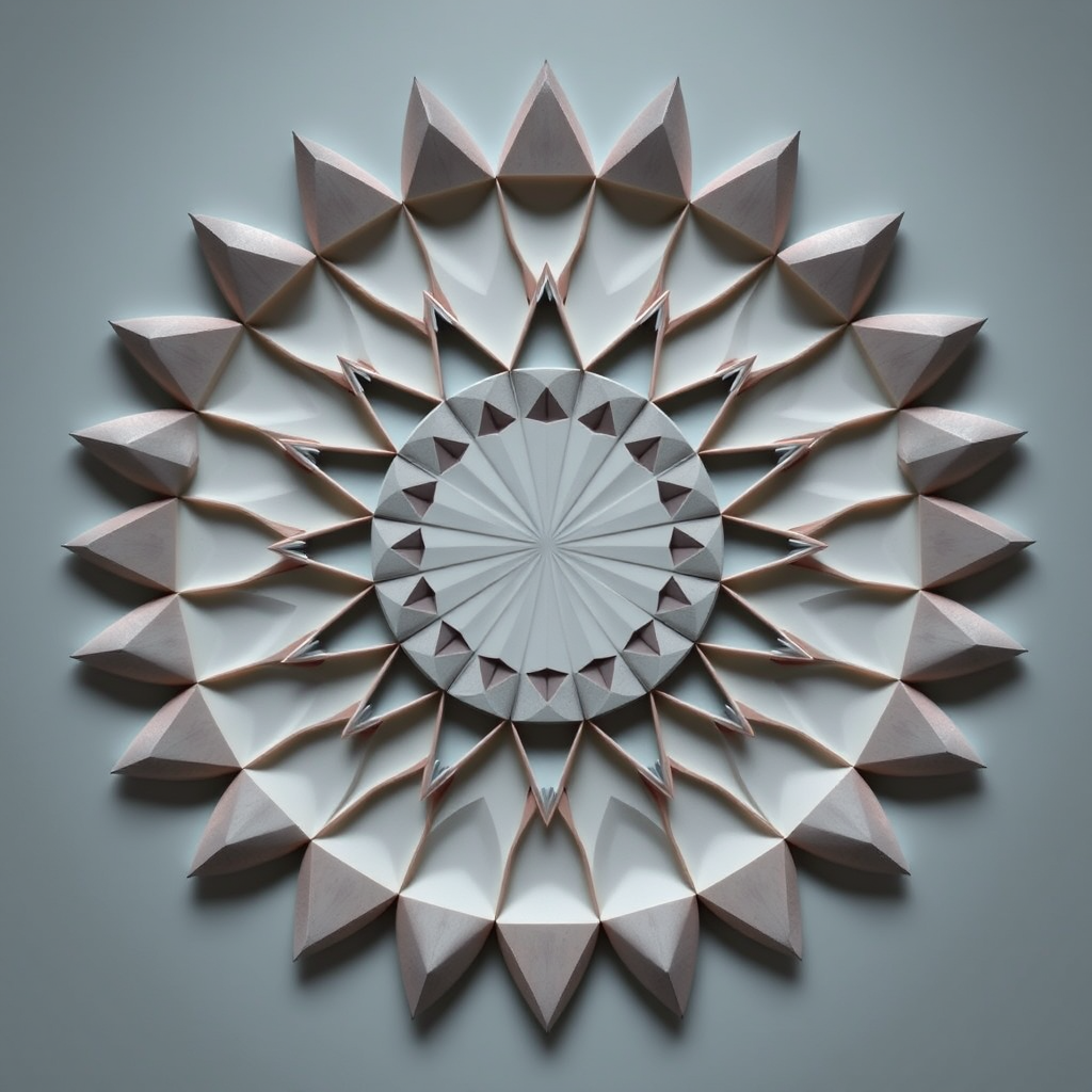 generate an image of a circular pattern made up of evenly spaced triangular shapes, using a DSLR camera with a 50mm lens at f/2.8, 1/200s shutter speed, ISO 100, top-down view with soft lighting for enhanced contrast and detail