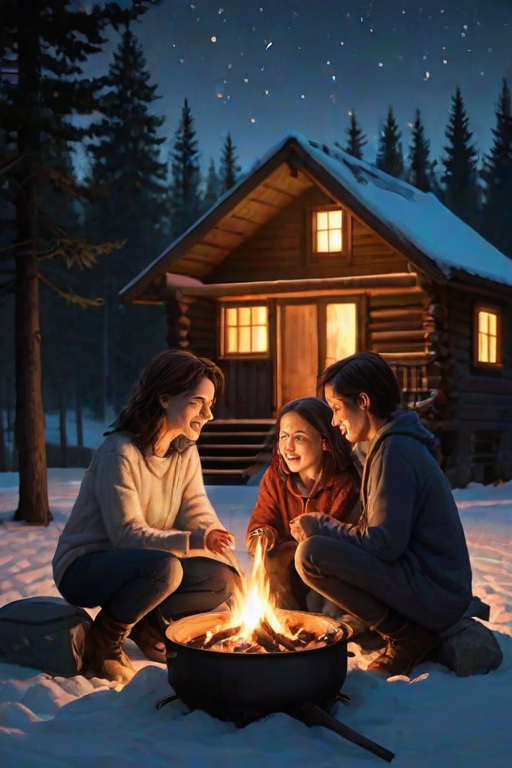 Warm, intimate image of a family roasting marshmallows by a crackling fire in a cozy cabin, soft glow from the flames casting warm shadows on their faces, with distant stars twinkling overhead.