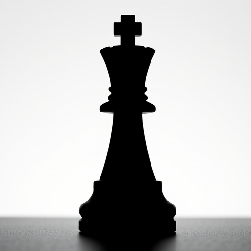 Create a high-contrast silhouette of a chess rook on a white background, using a DSLR camera with a 50mm lens, aperture set to f/1.8, ISO 100, and shot from a straight-on angle for maximum clarity and detail.