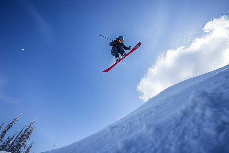 Create a high-resolution image of a skier performing a jump in mid-air, captured with a DSLR camera at 1/1000s shutter speed, f/4 aperture, ISO 200, from a low-angle view with a wide-angle lens for dynamic perspective.