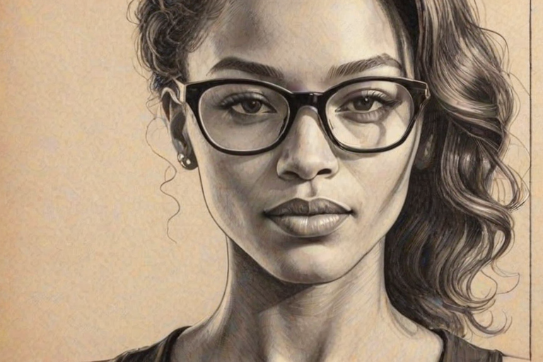 Beauteous Kylie Bunbury, pencil sketch, portrait of Pleasing woman 1930s in glasses, hair style beatnik, outline, clear lines, fine lines, 8k