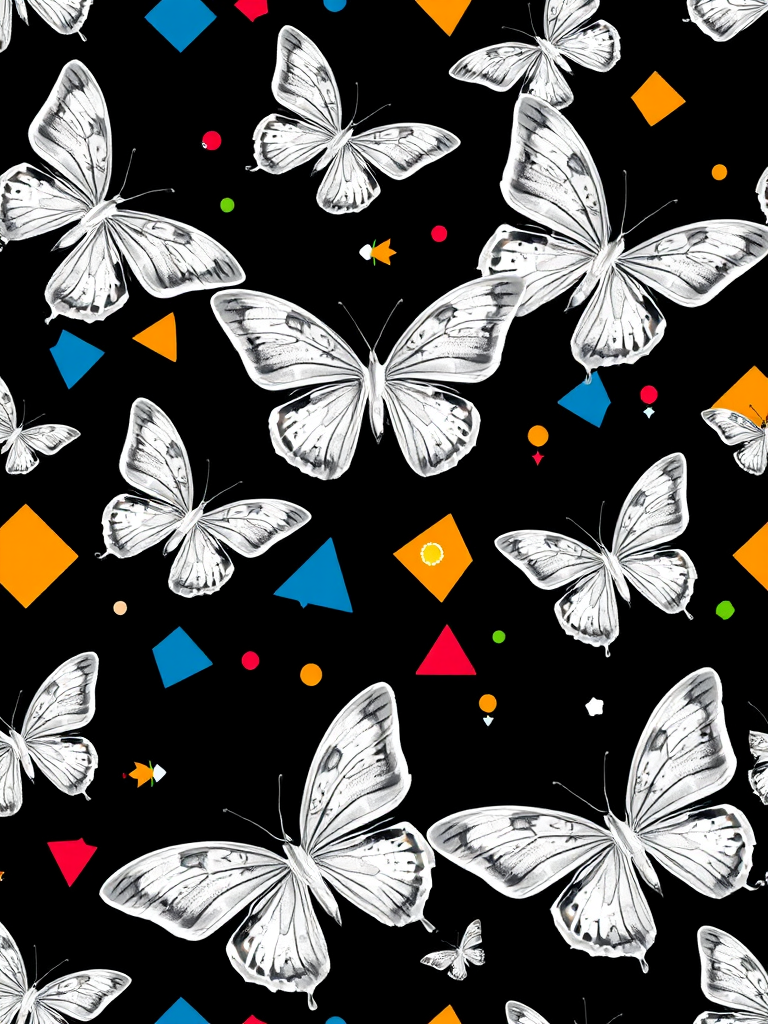 Create a seamless pattern featuring delicate white butterflies and colorful geometric shapes on a black background, shot with a DSLR camera, 50mm lens, f/2.8 aperture, ISO 100, in vibrant colors with a shallow depth of field.