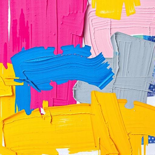 Create a vibrant abstract artwork featuring a mosaic of bold colors including yellow, pink, blue, and gray, with a textured brushstroke style, captured using a DSLR camera at f/11, ISO 200, 50mm lens, with a shallow depth of field for enhanced clarity and detail.