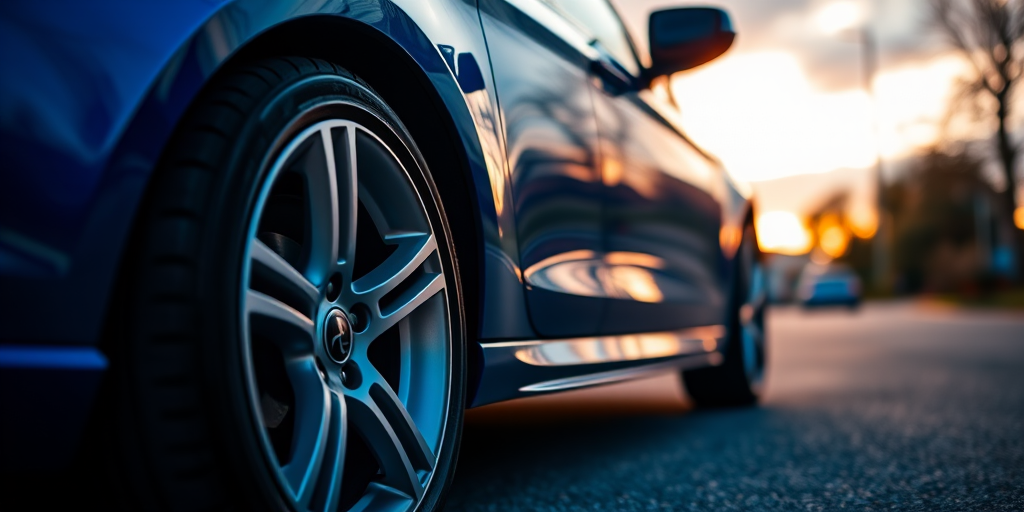Capture a close-up shot of a blue car's side profile with a focus on the stylish alloy wheels, at sunset with soft bokeh in the foreground, using a DSLR camera with a 50mm lens, aperture f/1.8, shutter speed 1/200 sec, ISO 200, and a low angle view.