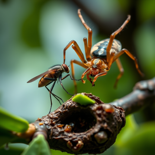 Spectacular photography, 300dpi, digital noise free, extremely clear, ultra-realistic, inside focus, best angle view, with intricate details of a small and tiny fly, standing on a branch of a tree, partially covered with green leaves. A large and majestic spider, jumping over the fly, right in front of the fly with its body arched and the sting completely out of its abdomen pointing at the fly's body and prepared in an attacking and aggressive position, stares at it and watches stealthily. Both within focus . Proportion of size. Light of day. National Geographic style
