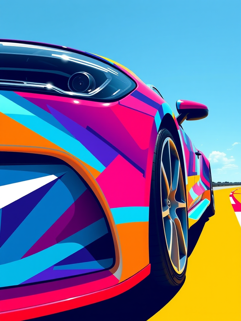 Create a vibrant digital illustration of a modern car with geometric patterns and bright colors, featuring a low-angle view, using a DSLR camera with a 35mm lens at f/2.8, ISO 100, and a shutter speed of 1/200s to capture sharp details and enhance color vibrancy.
