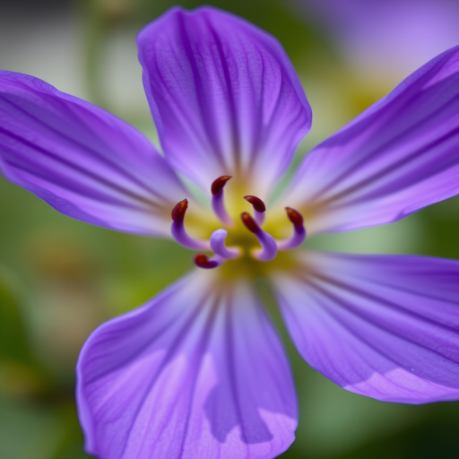 Close-up of a vibrant purple flower with delicate petals and intricate details, soft bokeh background, macro lens, aperture f/2.8, shutter speed 1/200s, ISO 100, taken with a DSLR camera, natural lighting.
