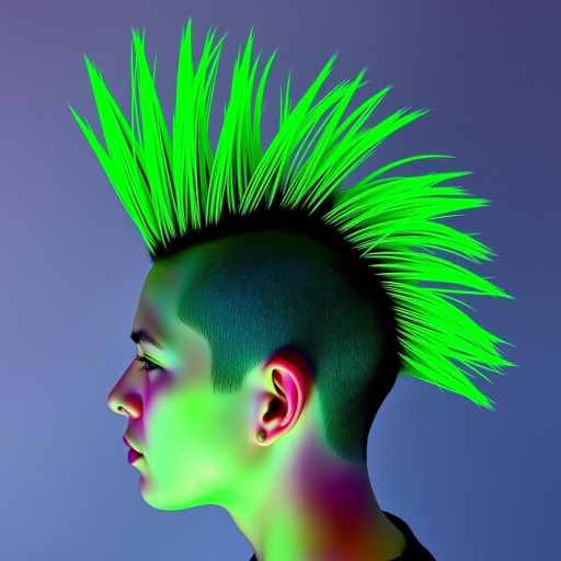 Edgy neon green mohawk christened "Toxic Surge" standing tall with razor-sharp edges, fading into darker emerald roots and accented with UV-reactive hair dye