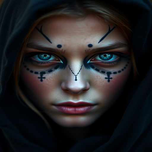 portrait of a young woman with intricate makeup and a dark hood, capturing intense piercing blue eyes, soft focus background, natural lighting, 85mm lens, f/1.8 aperture, ISO 100, shallow depth of field, shot with a DSLR camera