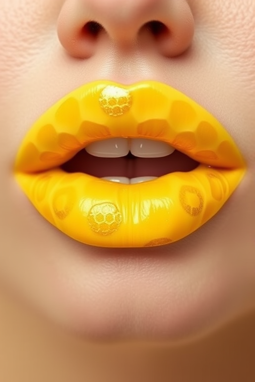 Pastel yellow lips with honeycomb patterns in gold, christened "Sunshine Nectar," create a cheerful and unique look with a creamy finish for springtime brunches and picnics