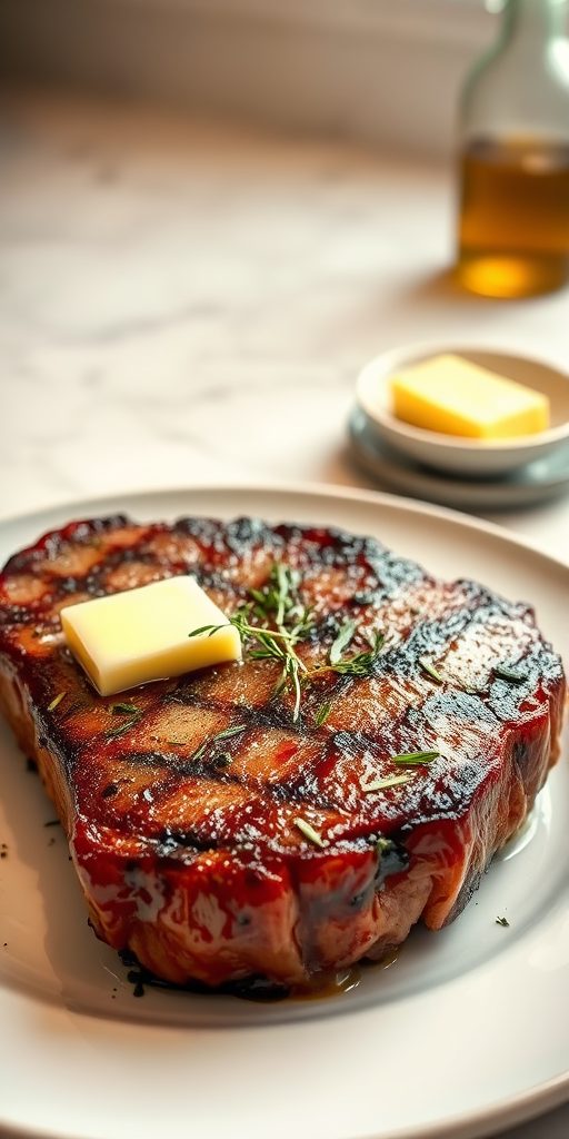 Create an image of a perfectly seared ribeye steak, resting on a white plate with a pat of melting butter on top. The steak is seasoned with fresh herbs like thyme and parsley, with glistening juices highlighting the texture of the meat. The background features a soft focus on a light, marble countertop, with a small dish of butter and an olive oil bottle in the distance. The overall mood should be warm and inviting, capturing the deliciousness and juiciness of the steak.