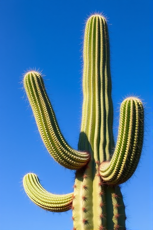 Generate a detailed illustration of a tall cactus with three prominent arms, focusing on the texture and spines, using a DSLR camera with a 50mm lens, aperture f/2.8, shutter speed 1/250 sec, and ISO 100, shot in bright daylight against a clear blue sky background.