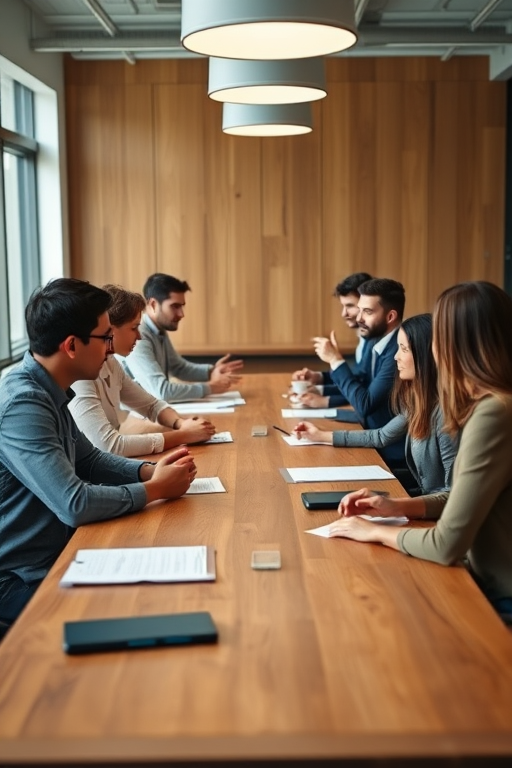 Create an image of a modern corporate meeting with diverse professionals engaged in discussion around a long wooden table in a well-lit room, captured with a Canon EOS R5, 50mm lens, f/1.8 aperture, ISO 200, shallow depth of field, natural light, emphasizing expressions and interactions.