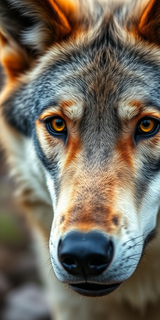 Regenerate a close-up image of a wolf with soft focus, using a DSLR camera, 50mm lens, aperture f/1.8, ISO 200, natural lighting, and a shallow depth of field to enhance image quality.