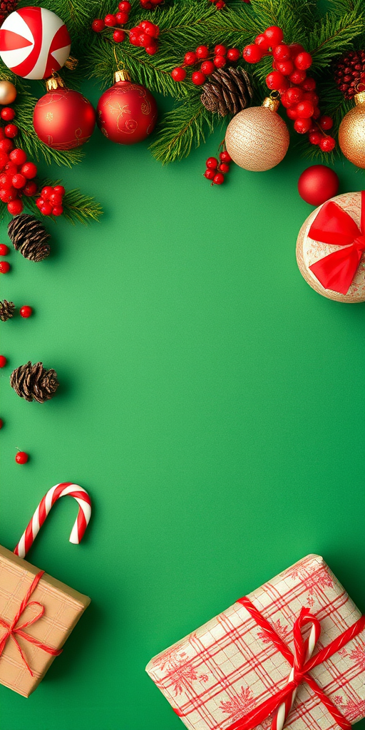 Create a festive holiday scene featuring a green background adorned with Christmas ornaments, candy canes, pine cones, and red berries. Include wrapped gifts and a cozy atmosphere that evokes the spirit of the season.