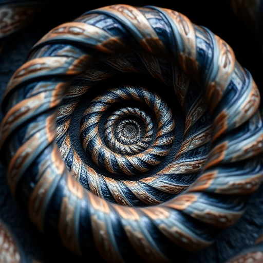Create a high-resolution abstract spiral pattern with intricate details and sharp contrast, using a macro lens, aperture f/2.8, shutter speed 1/60 sec, ISO 100, captured from a top-down view with a DSLR camera.